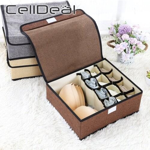 Underwear Storage Box With Cover Cotton Hemp Washable Multigrid Foldable Durable Bra Socks Finishing Boxes Drawer Organizer