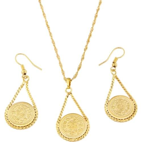 Gold Color Allah Coin Money Sign Pendant Necklace Earring Muslim Trendy Round Jewelry Sets