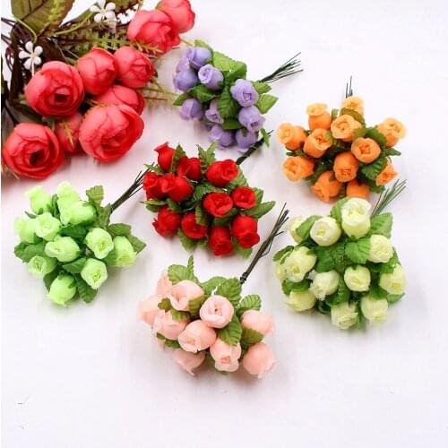 12heads/Bundle Artificial Flowers Silk Rose Mini Bouquet for Christmas Home Wedding New Year DIY Gift Box Decoration Fake Plants