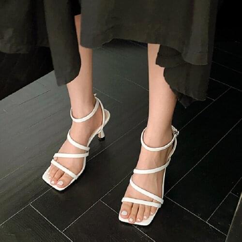 2020 New Fashion Design Square Toe Gladiator Sandals Women Cross-tied High Heels Summer Sexy Ankle Strap Ladies Stiletto Shoe
