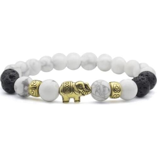 8mm 2rs12 gold adjusted Charm Elephant white Howlite Bracelet black volcanic lava Stone bead essential oils diffuser women