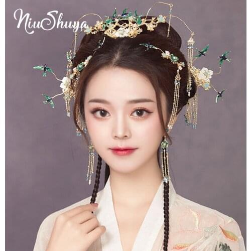 NiuShuya Chinese Hair Accessories Blue Green Lovely Bird Hairpin Hair Accessories Traditional Headpiece Xiuhe Hair Accessories