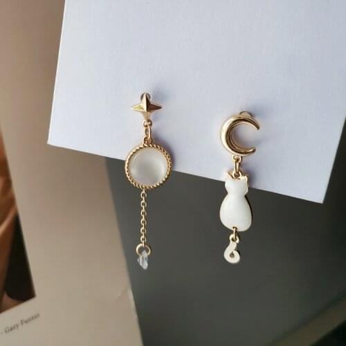 S925 Asymmetric Star Moon Earrings, 2020 New Design Geometric Opal Cute Cat Swing Earrings for Girls' Student Gift
