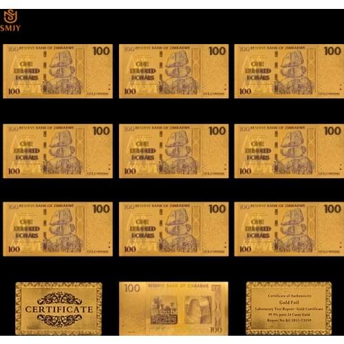 10PCS/Lot Zimbabwe 100 Dollar Money Gold Banknote in 24k Gold Plated With Gold 999 Metal Pure Gold For Collection