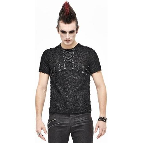 Motorcycle Punk Summer Thin T Short For Men Bandage Hollow Breathable Printing Wild Sexy Personality T shirt