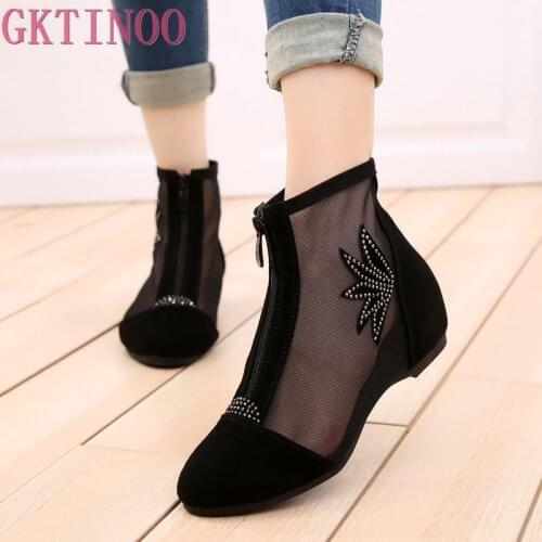 GKTINOO 2021 Fashion Cow Suede Summer Ankle Boots for Women Flat Heel Boots Mesh Cut Out Booties Casual Shoes Big Size 34-43