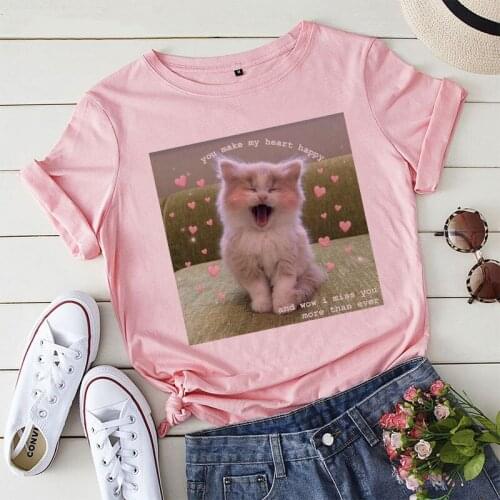 Korean Ulzzang cat loves animal print cute summer short sleeve tops tees Female casual loose plus size funny spoof women T-shirt