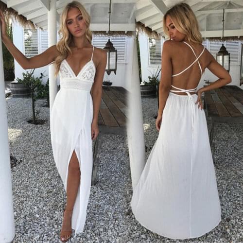 Summer Boho Dress Women Sexy Spaghetti Strap Lace White Long Dresses Female Ladies Beach Backless V Neck Party Maxi Sundress