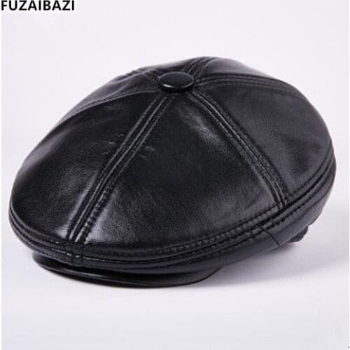FUZAIBAZI Fashion Trend Genuine Leather Hat Autumn Winter Mens Sheepskin Berets Middle-Aged New Keep Warm Ear Protection Cap