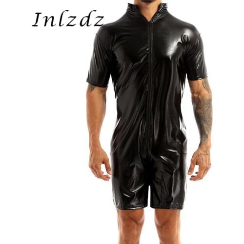 Mens Lingerie Leather Latex Bodysuit Wetlook Front Zipper Exotic Catsuit Bodysuit Jumpsuit Sexy Clubwear Body Curves Clubwear