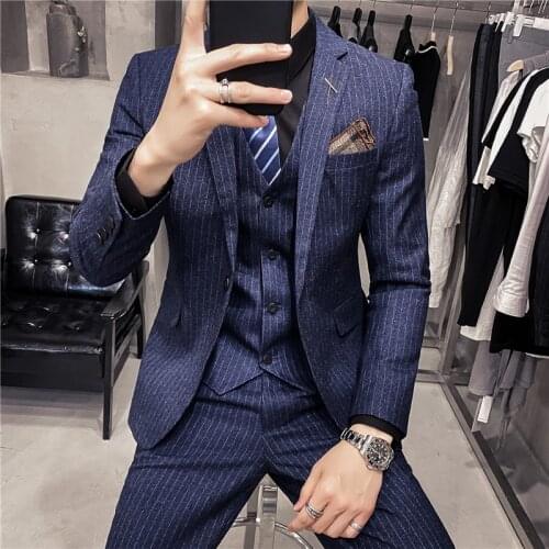 Men Skinny stripe 3 Pieces Set Formal Slim Fit Tuxedo Prom Suit / Male Groom Wedding Blazers luxury Dress Jacket Coat Pants Vest