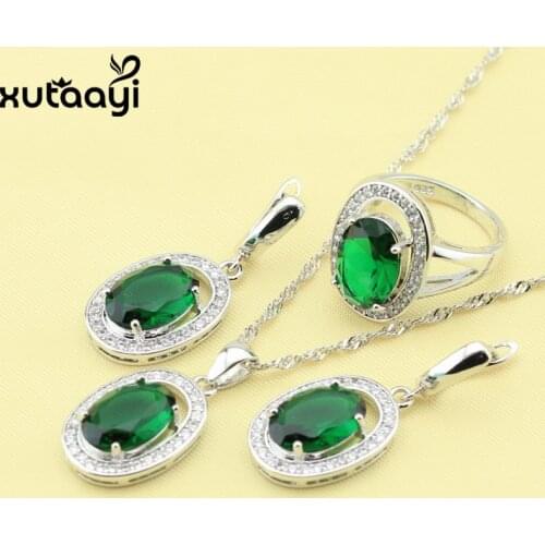 Hot-selling Silver Womens Health Fashion Round Jewelry Set Superb Green Imitated Emerald White Crystal Ring Size 6/7/8/9/10