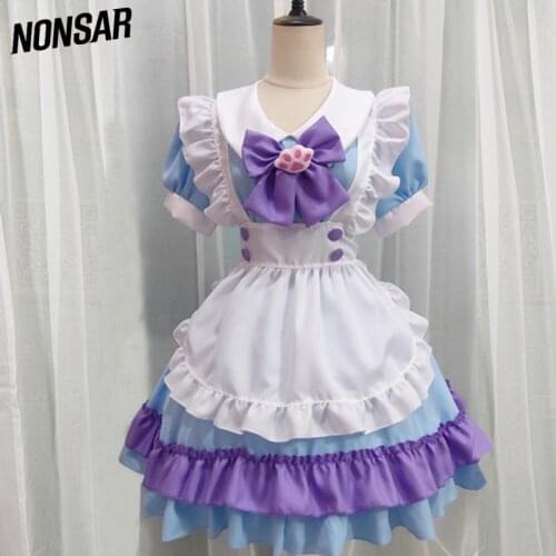 NONSAR Japanese Cute Lolita Maid Costumes Dress Womens Purple Blue And White Ribbon Party Sweet Sexy Dress Cosplay
