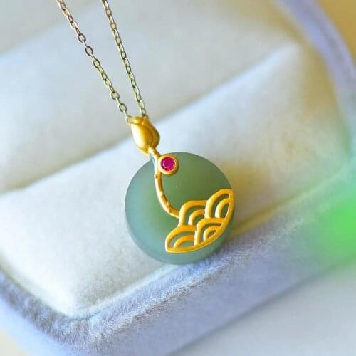 Original new ancient gold craftsmanship inlaid lotus and Hetian jade necklace pendant Chinese style ladies jewelry