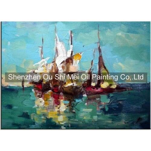 Hand Painted Knife Boat Oil Painting on Canvas Seascape Painting Impression Blue Sea Picture Artwork for Living Room Decor
