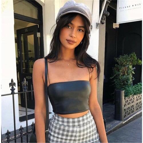 Sexy Women Tank Tops Summer Sleeveless Vest PU Leather Shirt Hot Fashion Ladies Tops Black T-shirt Woman Shirt Tee Vest Crop Top