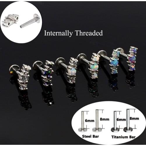 Trio Opal Zircon Titanium G23 Surgical Stainless Steel Labret Monore Lip Stud Ring Ear Tragus Cartilage Earrings Fashion Body Pi