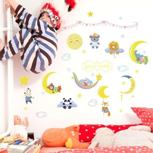 Modern Children Room Wall Stickers Cartoon Animals Sleeping Sun and Moon Art Decals for Kids Room Home Decoration Furniture PVC