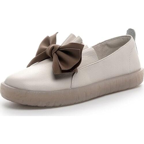 Fashion Handmade Flat Shoes for Women Slip on Loafers Genuine Cow Leather Footwear Bow-knot Pleated Soft Sole Casual Shoes Femme
