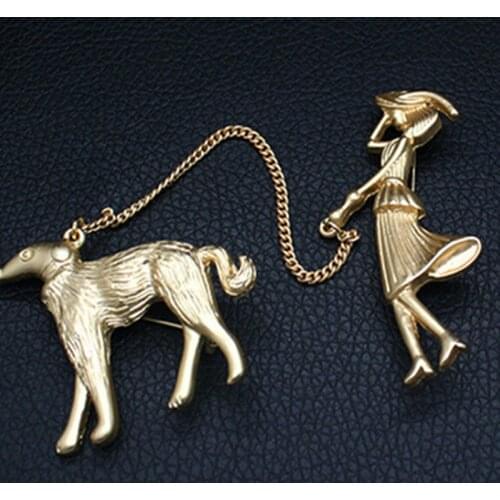Creative Fashion Jewelry Gold Chain Enamel Brooch Dogs Girls Lapel Pin Brooch Metal Man Women Brooches Vintage Brooches Decor