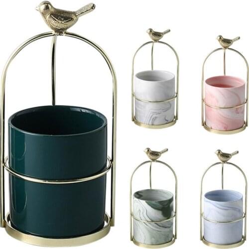 Iron Art Flower Pot Planters Ceramic Bucket Flowerpot Planter Wrought Iron Bird Frame Desktop Flower Vases Garden Planters Pot