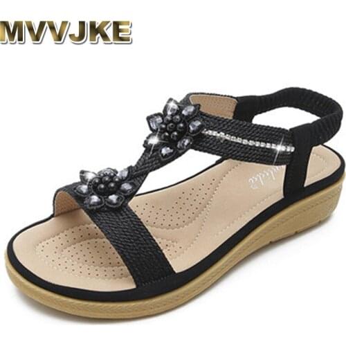 MVVJKE Femme Sandals Summer Comfort Flats Open Toe Women Shoes Boho Bohemian Floral Crystal Decoration Elastic Band Gladiator