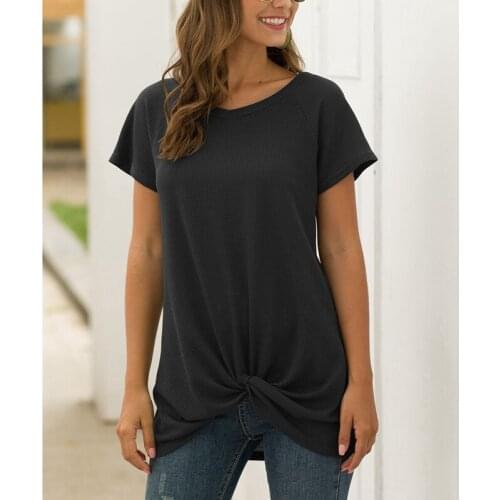 Women Short Sleeve O-Neck Front Twist Knot T Shirts Black Size M
