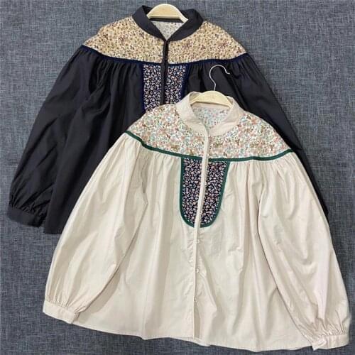 Johnature Japanese National Print Vintage Women Tops 2021 Spring New Loose Patchwork Female Shirts