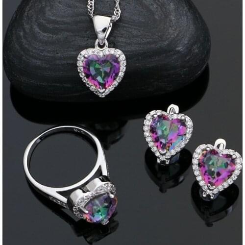 Heart 925 Sterling Silver Jewelry Sets For Women Mystic Rainbow Cubic Zirconia White Crystal Earrings Ring Necklace Pendant Set