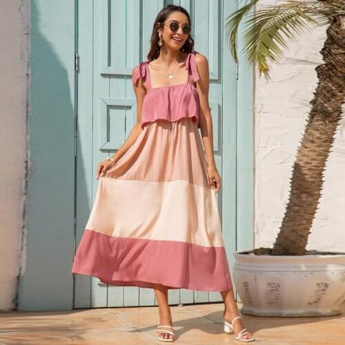 2021 Summer High Waist Sexy Spaghetti Strap Patchwork Color Long Dress Women Casual Slim Backless Boho Beach Sundress Female