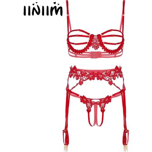 Womens Erotic Sexy Lingerie Set Lace Trim Hollow Out Underwear Adjustable Underwire Bra with Garters Crotchless T-back Thongs
