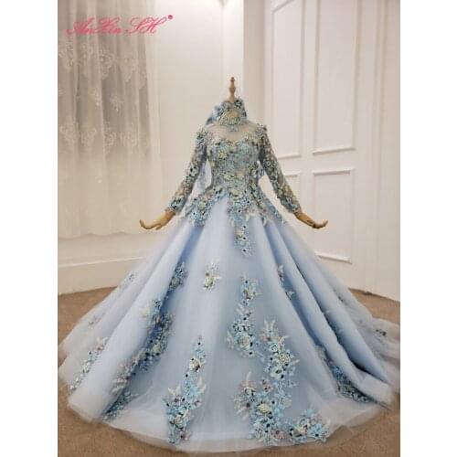 AnXin SH Luxury princess rose flower blue lace beading crystal high neck illusion long sleeve wedding dress 100% real photo