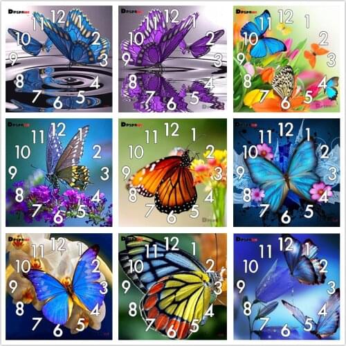 Full Diamond Painting Cross Stitch kit Animals Butterfly With Clock Mechanism Mosaic 5D Diy Square Round 3d Embroidery Gift HJ45