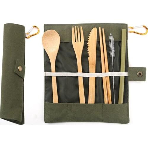 Bamboo Travel Utensils Sustainable Bamboo Cutlery Set Reusable Knife,Fork,Spoon,Biodegradable Straws Chopsticks Zero Waste Wrap