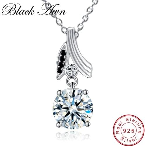 [BLACK AWN] Real 925 Sterling Silver Jewelry Necklace for Women Black Spinel Flower Necklaces Pendants P153