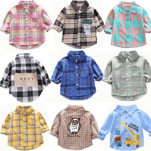 Childrens Long-sleeved Spring Shirt Male Baby Grid Shirt 2021 Fashion Spring and Autumn Dress Boys Cartoon Shirt