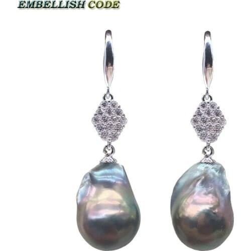Polite baroque pearl flame ball stely hook dangle earring grey few purple nice colorful natural pearls zircon elegant for Lady