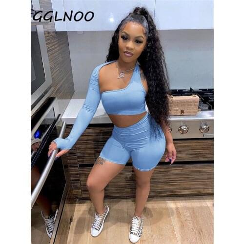 GGLNOO Sexy One-Shoulder Navel Cutout Sports Long-Sleeved Shorts Two-Piece Suit Casual Solid Soft Cotton Stretch Tracksuit