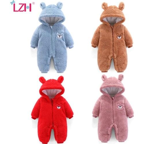 LZH 2021 Cute Newborn Clothing Thick Warm Bodysuit For Boys Cartoon Hooded Infant Kids Jumpsuits 0-1 Years Flannel Baby Romper