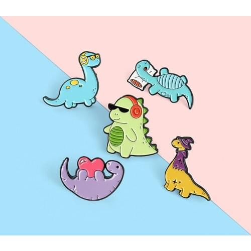 Cartoon Cute Animals Colored Dinosaur Enamel Brooch Love Heart Listening to Music Sleeping Dinosaur Alloy Pins Jewelry Gift