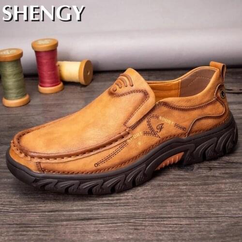 Autumn Men Shoes Solid Color Leather Slip-On Sewing Waterproof Mens Shoes Casual Fashion Outdoor Males Loafers Shoes
