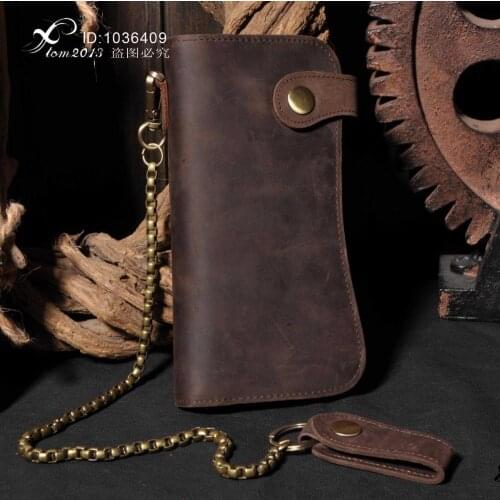 Mens Motorcycle Long Brown Leather Billfold Wallet With Jeans key chain
