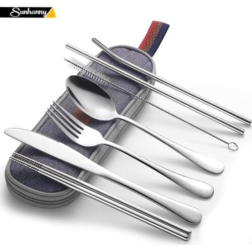 Dinnerware Set Travel Camping Cutlery Set Reusable Silverware with Metal Straw Spoon Fork Chopsticks and Portable Case
