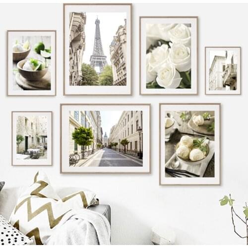 Paris Tower Street Cafe Tree Rose Building Wall Art Canvas Painting Nordic Posters And Prints Wall Picture For Living Room Decor