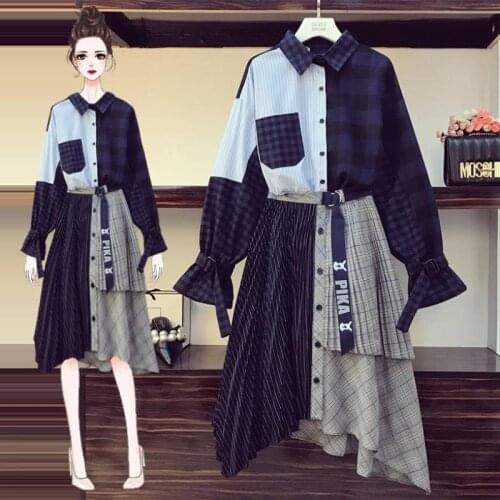 2020 new Spring Autumn Womens Plus Size Slim Plaid Dress Casual Long Sleeve Shirts + irregular Suits 2 Two-piece Sets m239