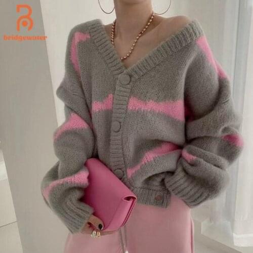 Womens Knitted Cardigans 2020 Autumn Winter Long-Sleeved V-Neck Single-Breasted Pit Stripe Short Outerwear Sweaters