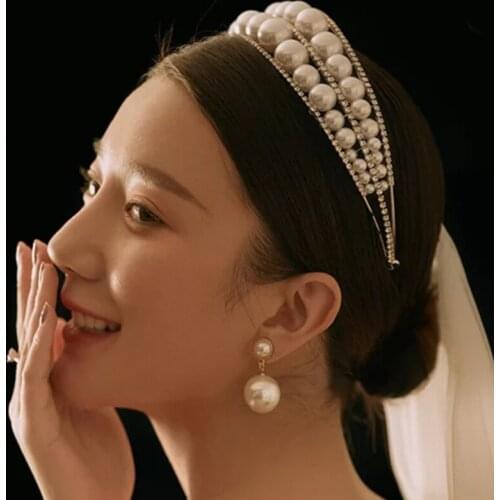 European Style Retro Double Layer Crystal Large Imitation Pearl Headband Wedding Jewelry