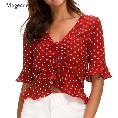 Ruffles Polka Dot Summer Chiffon Shirt Woman Korean Short Sleeve V-neck Drawstring White Blouses Women Casual Tops Blusas 14592