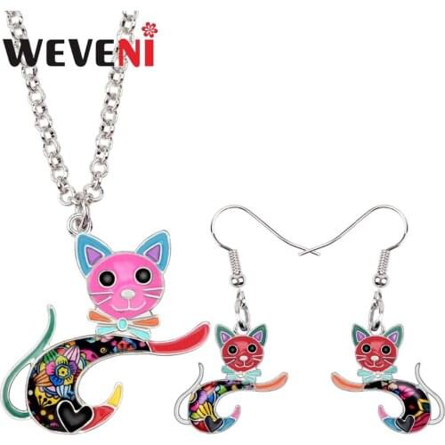 WEVENI Original Enamel Alloy Cartoon Jumping Kitten Cat Earrings Necklace Animal Jewelry Sets For Women Girls Party Wholesale