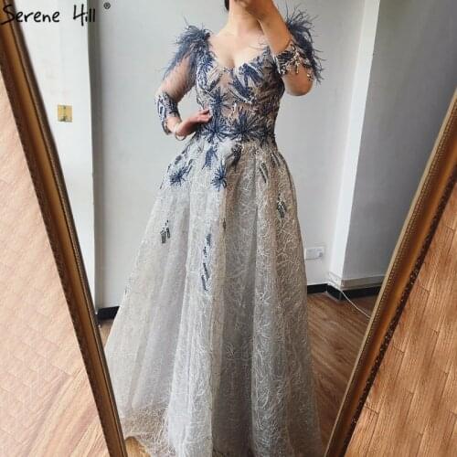 Dubai Grey A-Line Long Sleeves Evening Dresses Long 2020 Feathers Crystal V-Neck Evening Gowns 2020 Serene Hill BLA70558